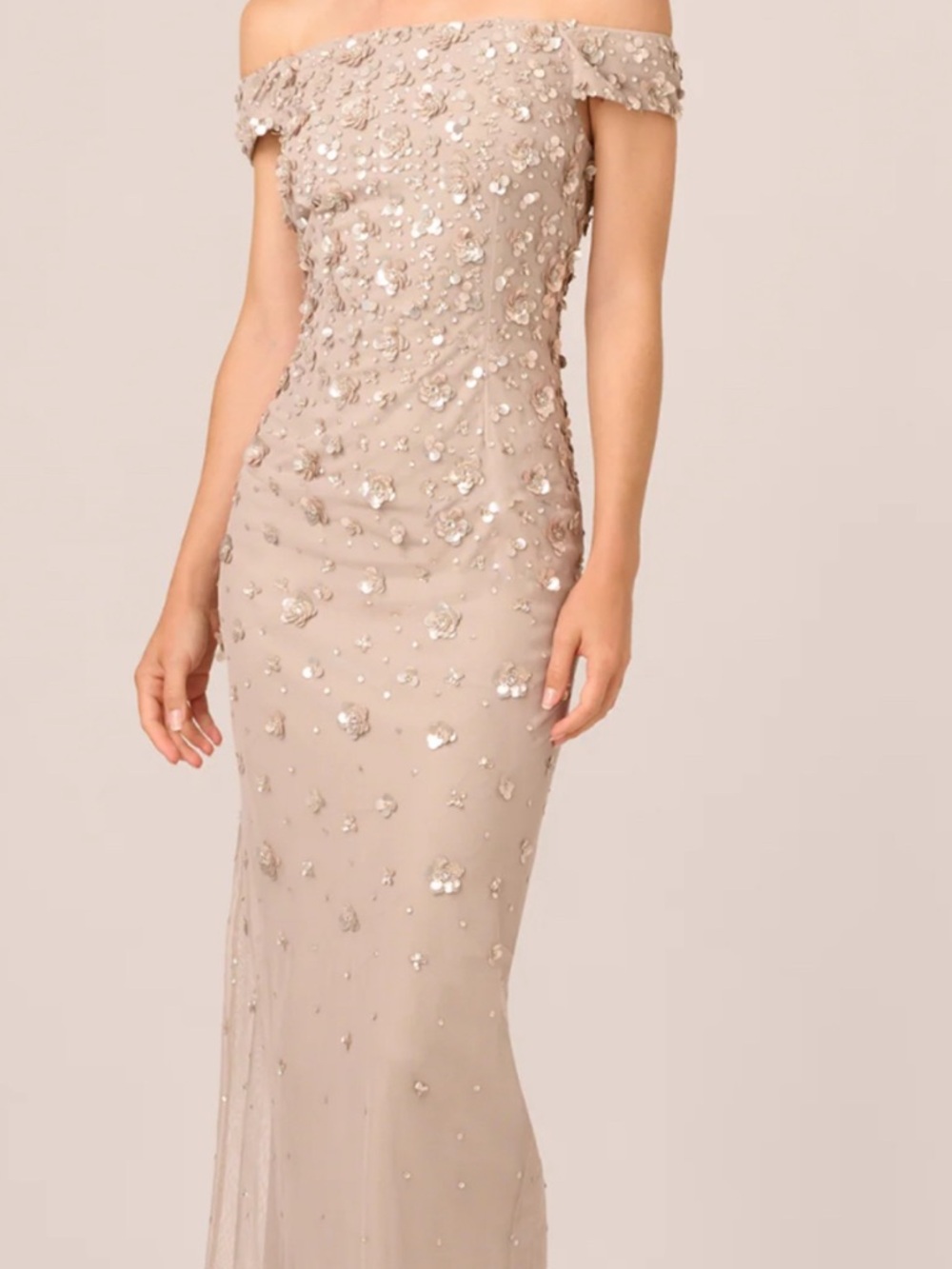 Adrianna Papell Off-Shoulder Beaded Column Gown